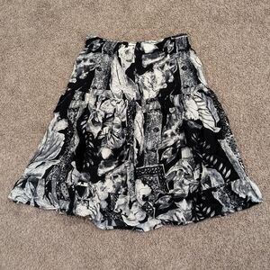Y2K vintage Clio black and white floral print midi skirt elastic waist women's